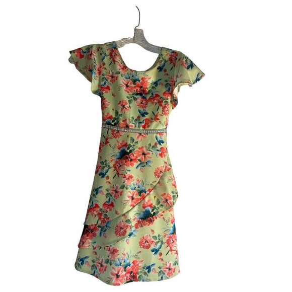 Speechless Kids Girls Dress Green Multicolored Floral Cap Sleeves Size 8 - Picture 1 of 6